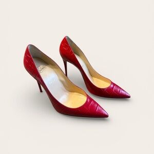 Christian Louboutin Red Croc-Embossed Pointed Toe Pumps | Paris
